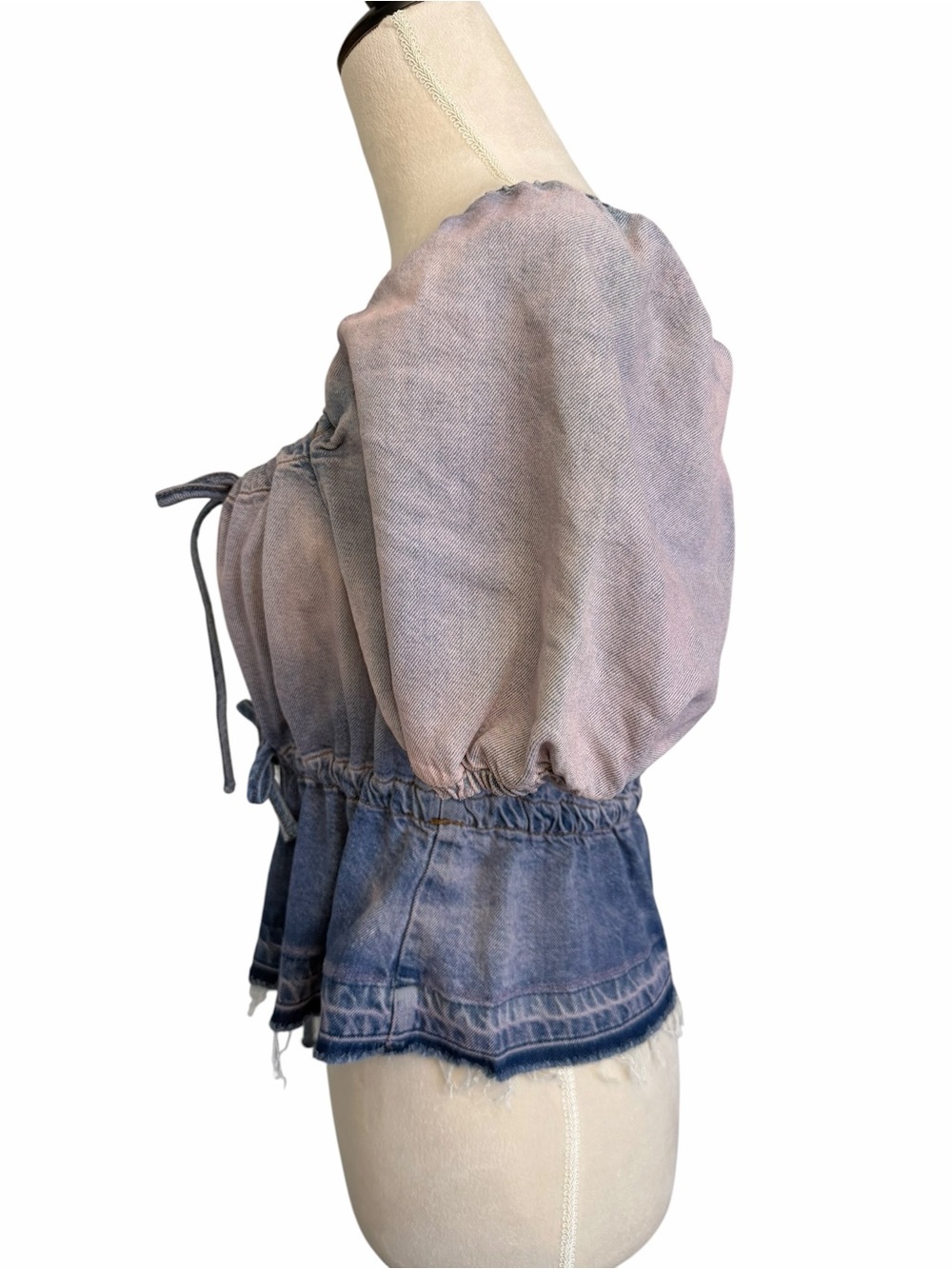 Ganni Lavender-Blue Denim Top with Contrast Stitching - Picture 7 of 10